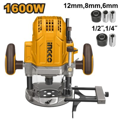 Oberfreza 1600W INGCO RT160028 pentru Lemn cu Viteza 22000 rpm si Adancime 60mm, Set Completa cu Ghidaje si Prindere Multipla Profesionala