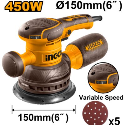 Slefuitor Rotativ INGCO RS4516 450W, Taler 150mm, Turatie Variabila 6000-12000rpm, Prindere Velcro pentru Lemn, Metal si Plastic