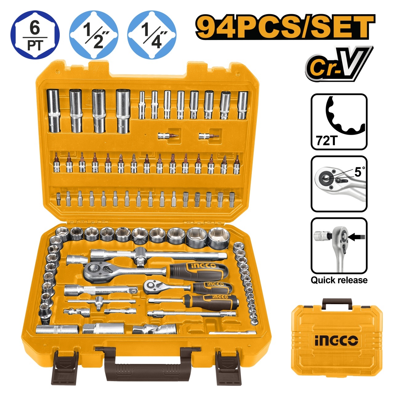 Trusa Chei Tubulare 1/4-1/2 94pcs INGCO HKTS42941