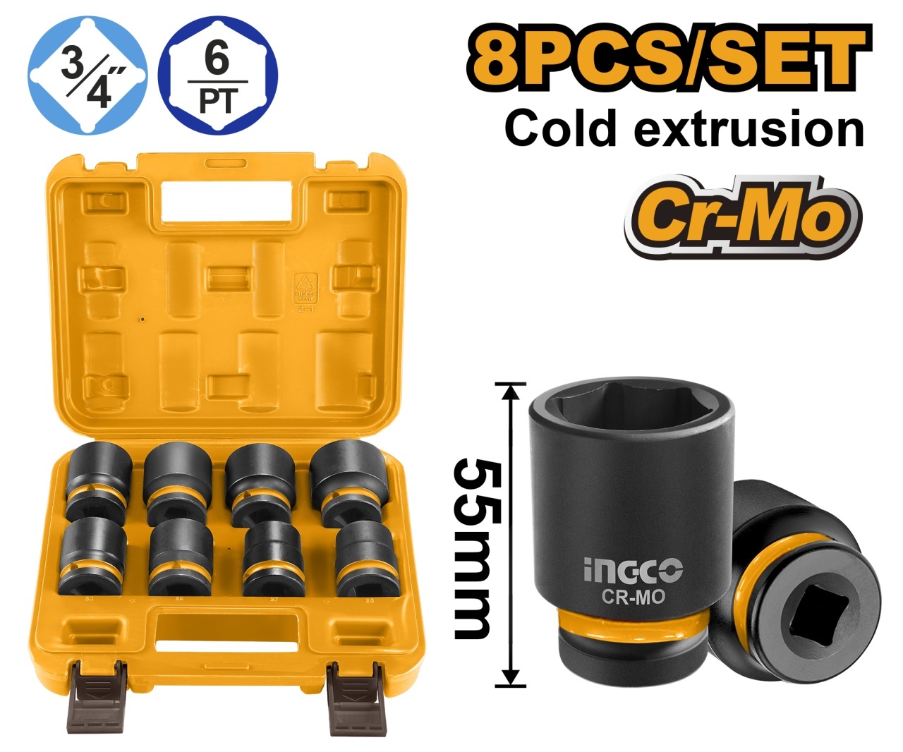 Trusa Tubulare IMPACT 3/4 8buc INGCO HKISSD34081